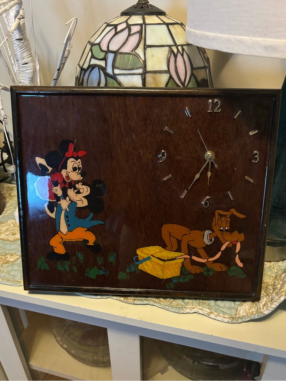 Vintage Disney Brown Wood-Finish Wall Clock with Colorful Cartoon Characters